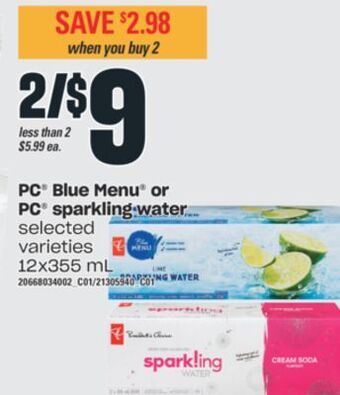 Valu-mart Pc® blue menu® or pc® sparkling water, 12x355 ml offer