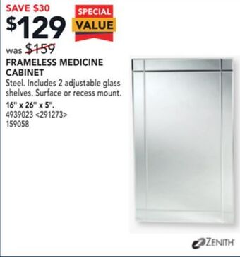Zenith frameless medicine cabinet 16" x 26" x 5"