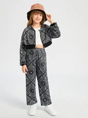 SheIn Shein girls paisley scarf print zip up hoodie & pants offer