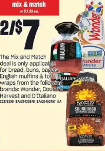 Loblaws Wonder, country harvest and d'italiano bread, buns, bagels, english muffins & tortilla wraps offer