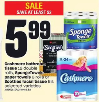 Independent Grocer Cashmere bathroom tissue, spongetowels paper towels or scotties facial tissue offer