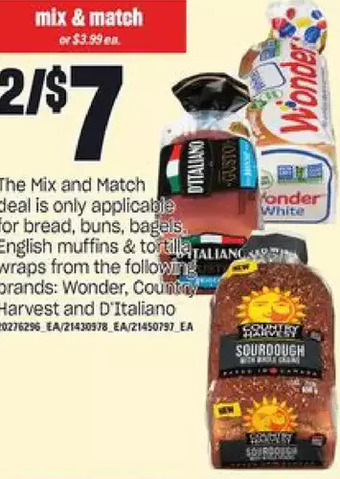 Independent Grocer Wonder, country harvest and d'italiano bread, buns, bagels, english muffins & tortilla wraps offer