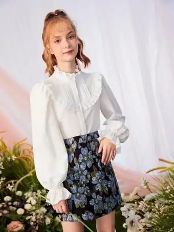 SheIn Shein teen girls mock neck frill shirt & floral pattern skirt offer