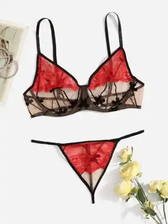 SheIn Plus contrast bow mesh lace underwire lingerie set offer