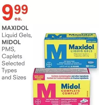 Guardian Pharmacy Maxidol liquid gels, midol pms, caplets offer