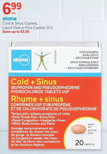 IDA Pharmacy Atoma cold & sinus caplets, liquid gels or plus caplets offer