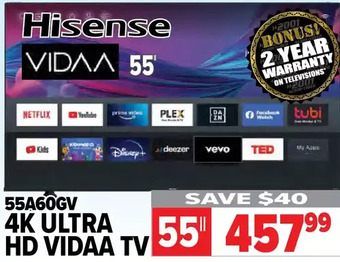 2001 Audio Video Hisense 55" 4k ultra hd vidaa tv offer