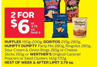 Rexall Ruffles, doritos, humpty dumpty party mix, ringolos, sour cream & onion rings or cheese sticks or werther's original caramel offer