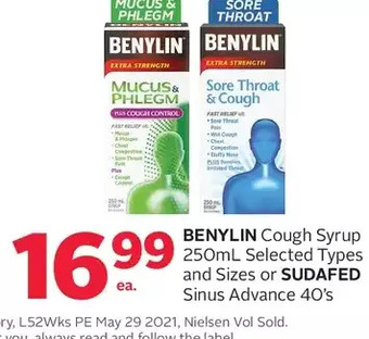 Rexall Benylin cough syrup or sudafed sinus advance offer