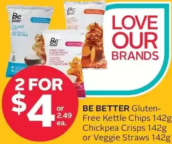 Rexall Be better gluten-free kettle chips, chickpea crisps or veggie straws offer