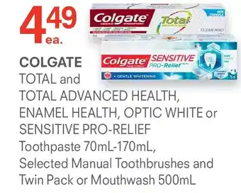 Colgate total and total advanced health, enamel health, optic white or sensitive pro-relief toothpaste, manual toothbrushes a