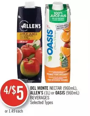 Shoppers Drug Mart Del monte nectar, allen's or oasis beverages offer
