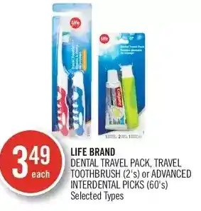 Shoppers Drug Mart Life brand dental travel pack, travel toothbrush or advanced interdental picks offer