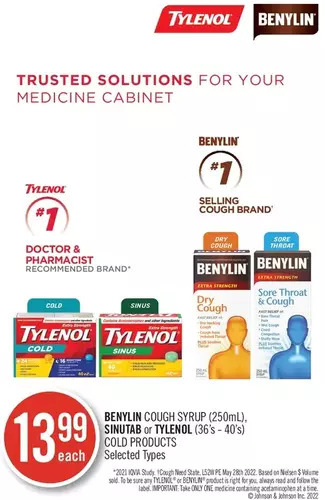 Shoppers Drug Mart Benylin cough syrup, sinutab or tylenol cold products offer