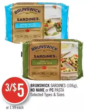 Shoppers Drug Mart Brunswick sardines, no name or pc pasta offer