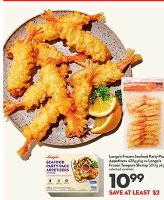 Longo's Longo's frozen seafood party pack appetizers 428g pkg or longo's frozen tempura shrimp 500g pkg offer
