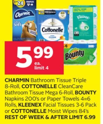 Rexall Charmin bathroom tissue triple 8-roll, cottonelle cleancare bathroom tissue mega 6-roll, bounty napkins 200' s or paper towel offer
