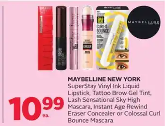 Rexall Maybelline new york superstay vinyl ink liquid lipstick, tattoo brow gel tint, lash sensational sky high mascara, instant age offer