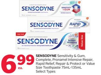 Rexall Sensodyne sensitivity & gum, complete, pronamel intensive repair, rapid relief, repair & protect or value size toothpaste 75m offer
