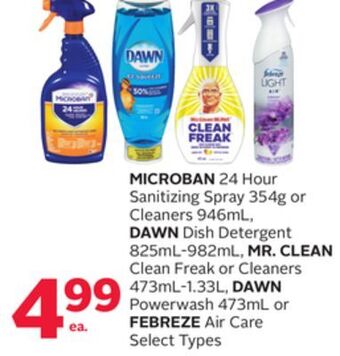 Rexall Microban 24 hour sanitizing spray 354g or cleaners 946ml, dawn dish detergent 825ml-982ml, mr. clean clean freak or cleaners offer