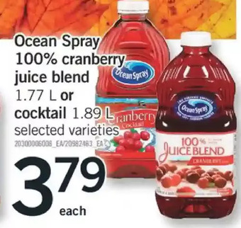 Fortinos Ocean spray 100% cranberry juice blend or cocktail offer