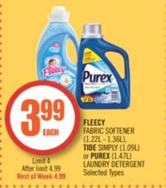 Shoppers Drug Mart Fleecy fabric softener (1.22l - 1.36l), tide simply (1.09l) or purex (1.47l) laundry detergent offer