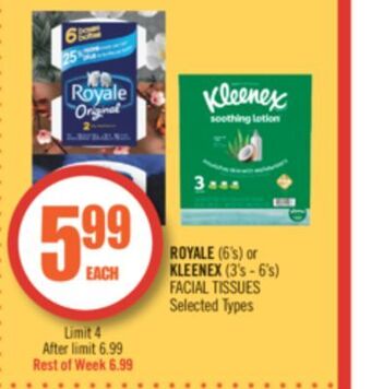 Shoppers Drug Mart Royale (6's) or kleenex (3's - 6's) facial tissues offer