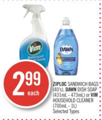 Shoppers Drug Mart Ziploc sandwich bags (40's), dawn dish soap (431ml - 473ml) or vim household cleaner (700ml - 1l) offer