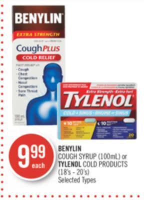 Shoppers Drug Mart Benylin cough syrup (100ml) or tylenol cold products (18's - 20's) offer