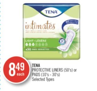 Shoppers Drug Mart Tena protective liners (50's) or pads (10's - 30's) offer