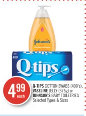 Shoppers Drug Mart Q-tips cotton swabs (400's), vaseline jelly (375g) or johnson's baby toiletries offer
