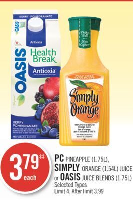 Shoppers Drug Mart Pc pineapple (1.75l), simply orange (1.54l) juice or oasis juice blends (1.75l) offer
