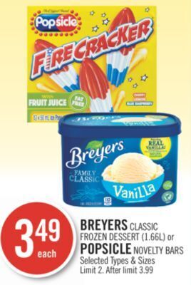 Shoppers Drug Mart Breyers classic frozen dessert (1.66l) or popsicle novelty bars offer