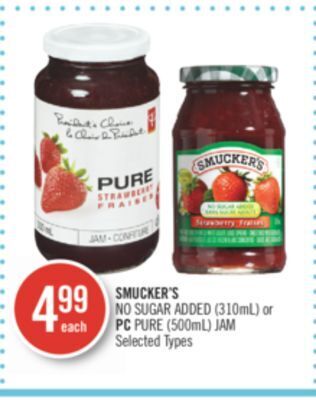 Shoppers Drug Mart Smucker's no sugar added (310ml) or pc pure (500ml) jam offer