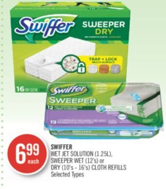 Shoppers Drug Mart Swiffer wet jet solution (1.25l), sweeper wet (12's) or dry (10's - 16's) cloth refills offer