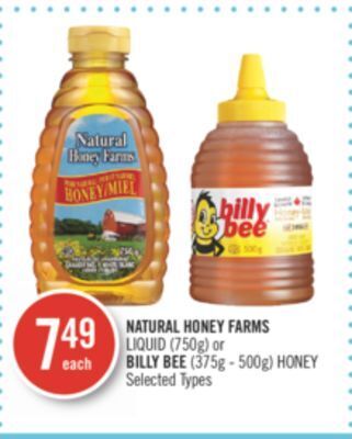 Shoppers Drug Mart Natural honey farms liquid (750g) or billy bee (375g - 500g) honey offer
