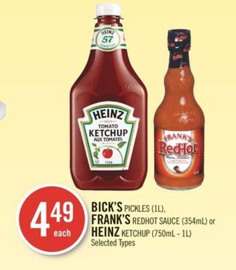 Shoppers Drug Mart Bick's pickles (1l), frank's redhot sauce (354ml) or heinz ketchup (750ml - 1l) offer