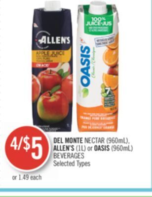 Shoppers Drug Mart Del monte nectar (960ml), allen's (1l) or oasis (960ml) beverages offer