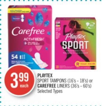 Shoppers Drug Mart Playtex sport tampons (16's - 18's) or carefree liners (36's - 60's) offer