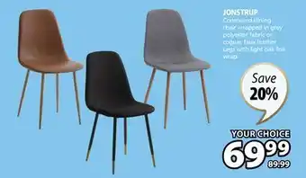 JYSK Jonstrup contoured dining chair wrapped in grey polyester fabric or cognac faux leather offer