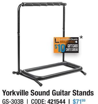 Long & McQuade Yorkville three guitar side loading folding touring stand offer
