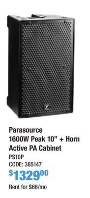 Long & McQuade Yorkville parasource 1600 watt peak 10-inch+horn active pa cabinet offer