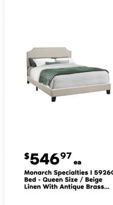 Real Canadian Superstore Monarch specialties i 5926q bed - queen size / beige linen with antique brass trim offer