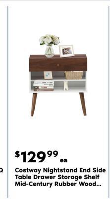 Real Canadian Superstore Costway nightstand end side table drawer storage shelf mid-century rubber wood leg offer