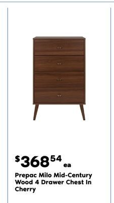 Real Canadian Superstore Prepac milo mid-century wood 4 drawer chest in cherry offer