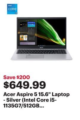Best Buy Acer aspire 5 15.6" laptop - silver (intel core i5-1135g7/512gb ssd/8gb ram/windows 11) offer