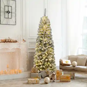 Best Buy Costway 6ft pre-lit snow flocked artificial pencil christmas pine tree w/ 250 led lights offer