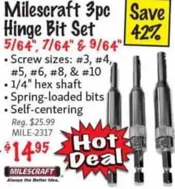KMS Tools Milescraft 3pc Hinge Bit Set offer