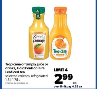 Real Canadian Superstore Tropicana or simply juice or drinks, gold peak or pure leaf iced tea, 1.54-1.75 l offer
