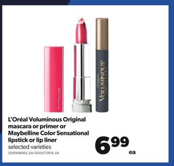 Real Canadian Superstore L'oréal voluminous original mascara or primer or maybelline color sensational lipstick or lip liner offer